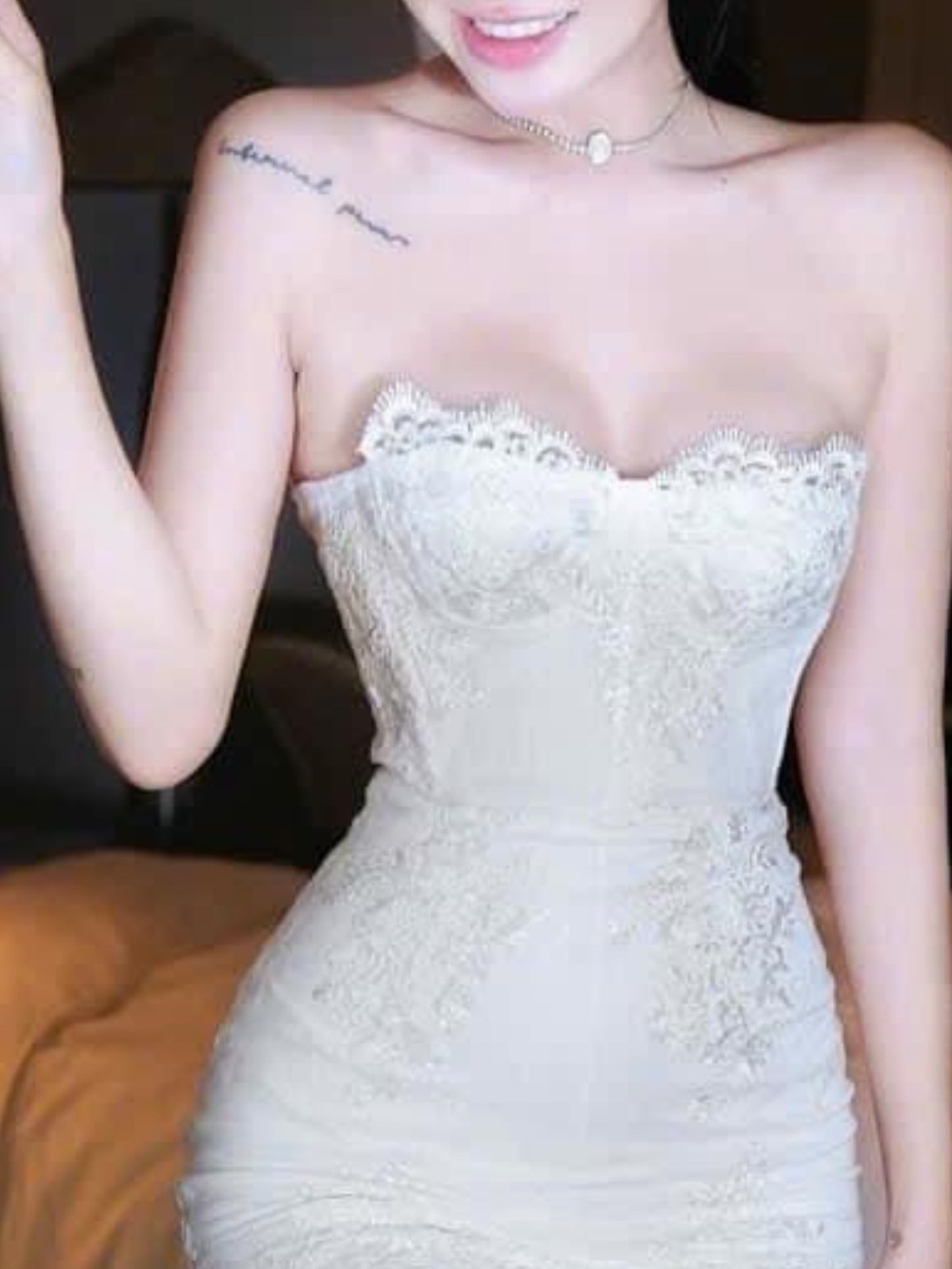 Strapless Lace Bodycon Dress in Cream